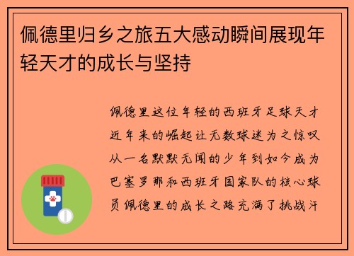 佩德里归乡之旅五大感动瞬间展现年轻天才的成长与坚持