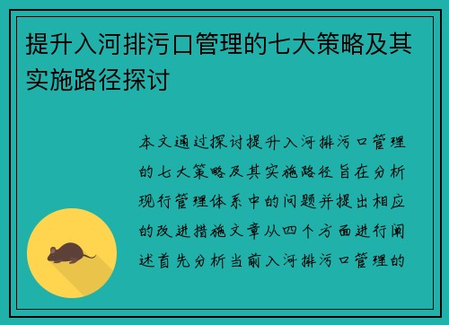 提升入河排污口管理的七大策略及其实施路径探讨