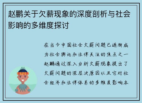 赵鹏关于欠薪现象的深度剖析与社会影响的多维度探讨 赵鹏关于欠薪现象的深度剖析与社会影响的多维度探讨